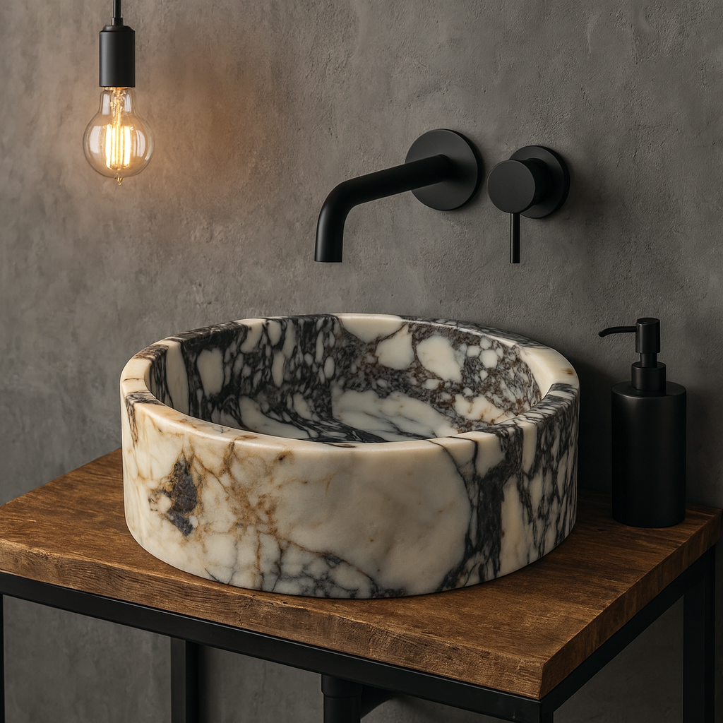 Calacatta Viola Mermer Lavabo – El İşçiliği Yuvarlak Banyo Lavabosu | 40,5×40,5×14 cm