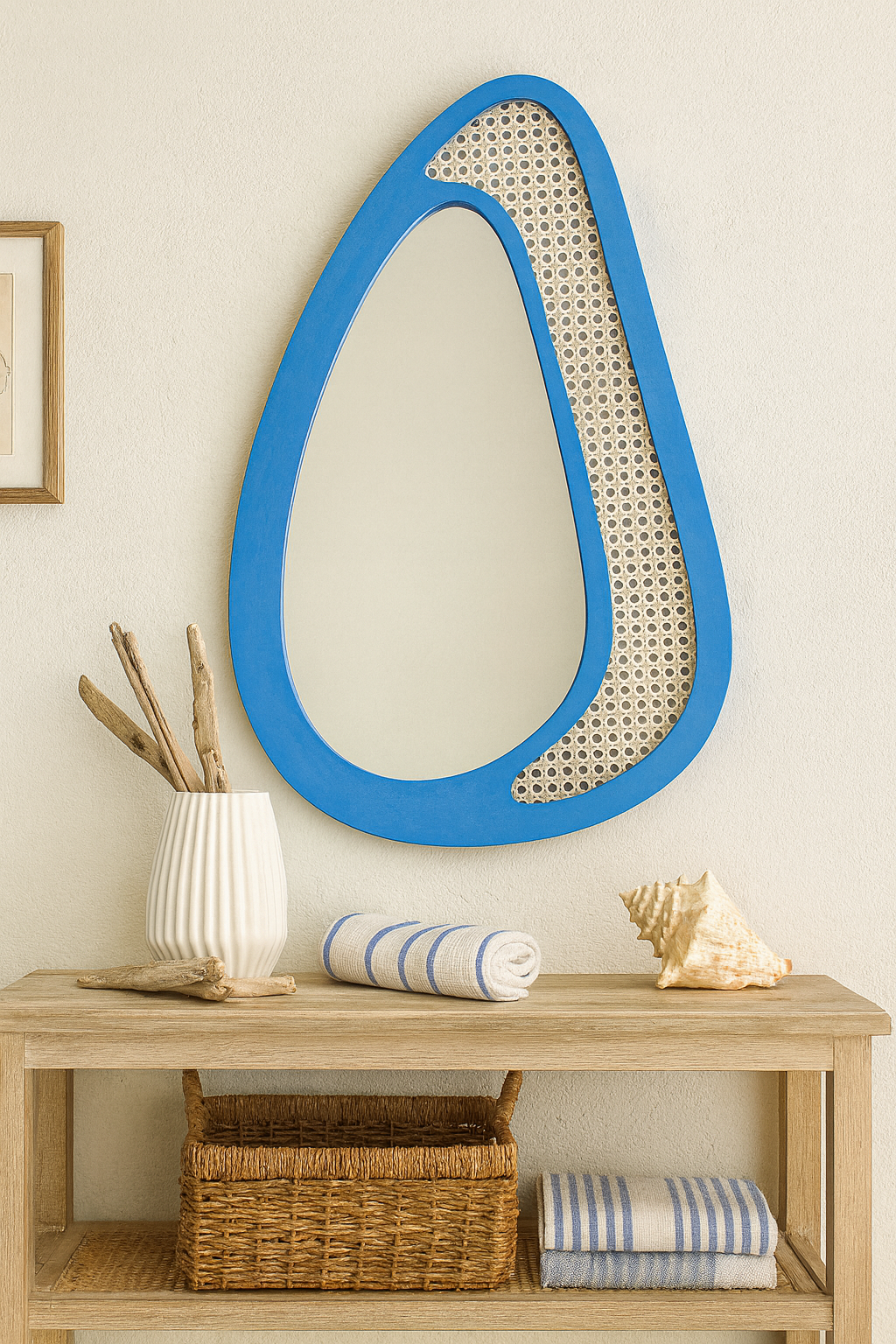 Rattan Çerçeveli Organik Ayna – Modern Dekoratif Duvar Aynası | Tasarım Ayna, Rattan Ayna, Salon & Genç Odası Dekoru