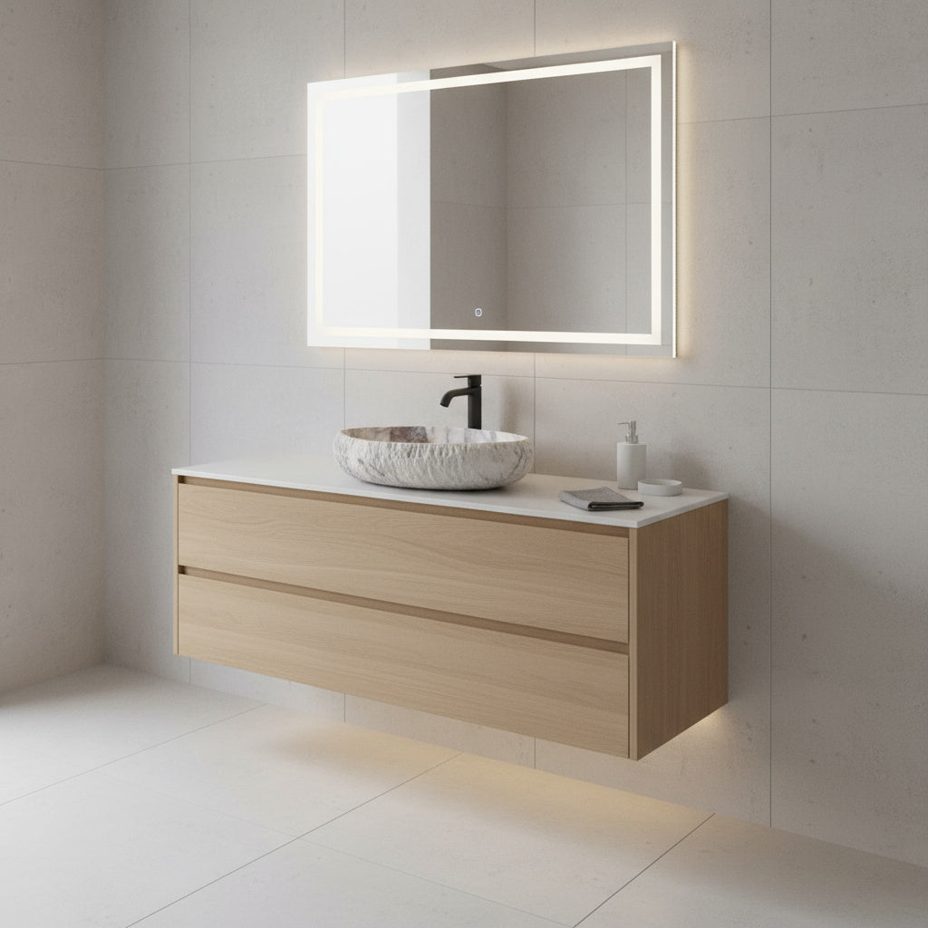 Doğal Mermer Lavabo – Krem & Pembe Damar Desenli Tezgâh Üstü Doğaltaş Banyo Lavabosu (L 55 × W 40 × H 14 cm)