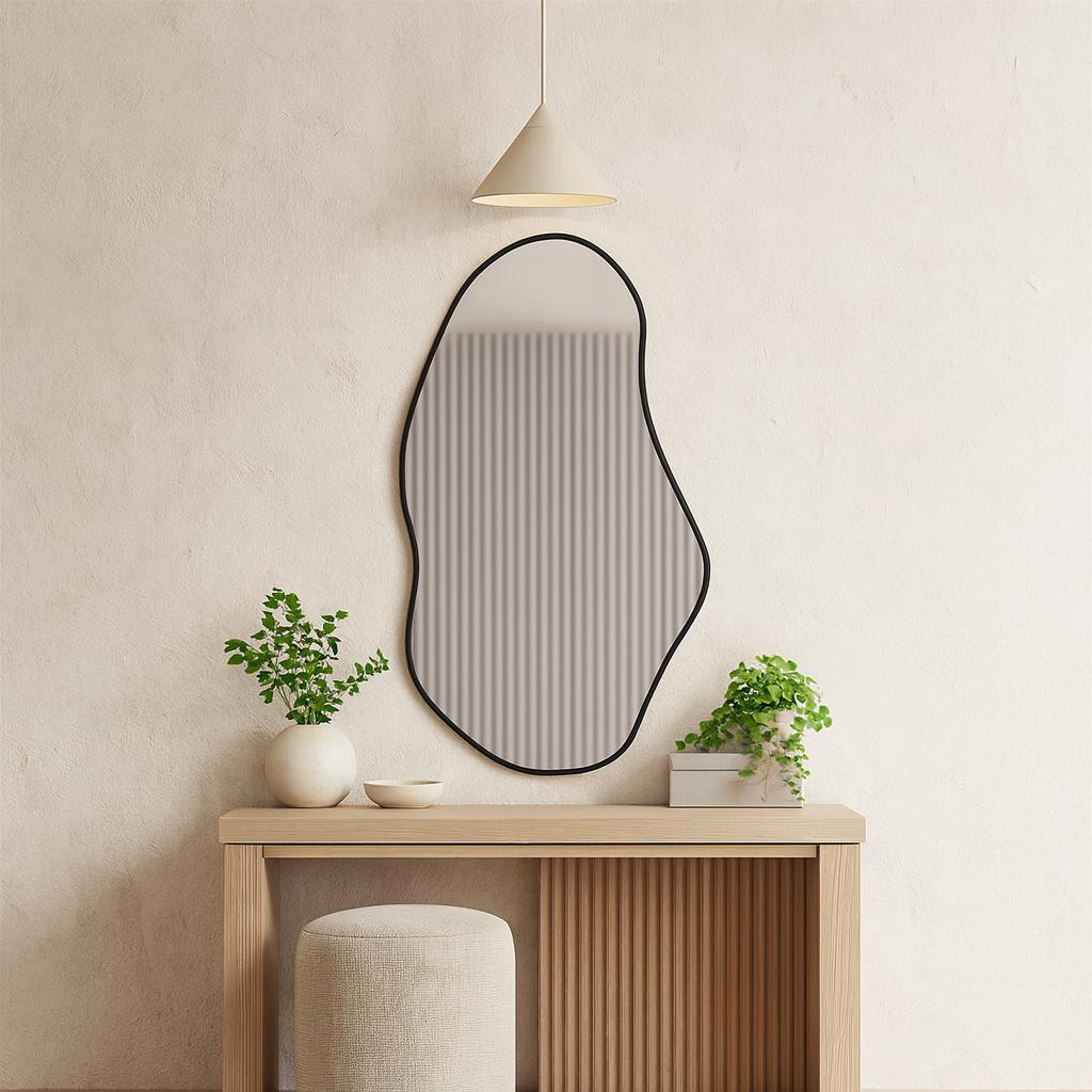 Modern Asimetrik Duvar Aynası – Organik Form Çerçeveli Dekoratif Banyo ve Salon Aynası