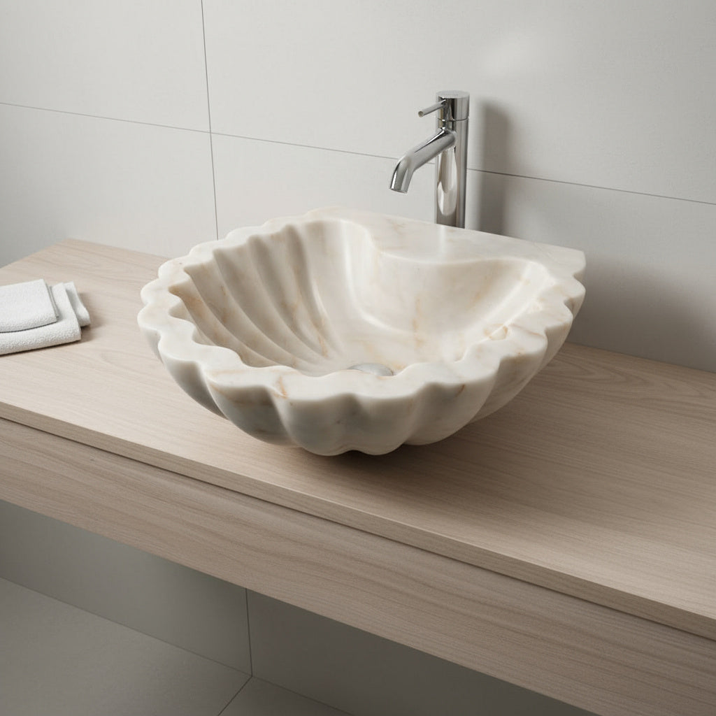 Carrara Mermer Kabuk Formu Banyo Lavabo – El Oyma Doğal Mermer Şelale Lavabo