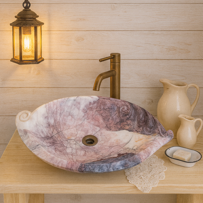 Rosso Levanto Marble Lavabo – Doğal Rosso Levanto Mermer Tezgâh Üstü Banyo Lavabosu (L 65 × W 40 × H 14 cm)