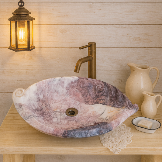 Rosso Levanto Marble Lavabo – Doğal Rosso Levanto Mermer Tezgâh Üstü Banyo Lavabosu (L 65 × W 40 × H 14 cm)