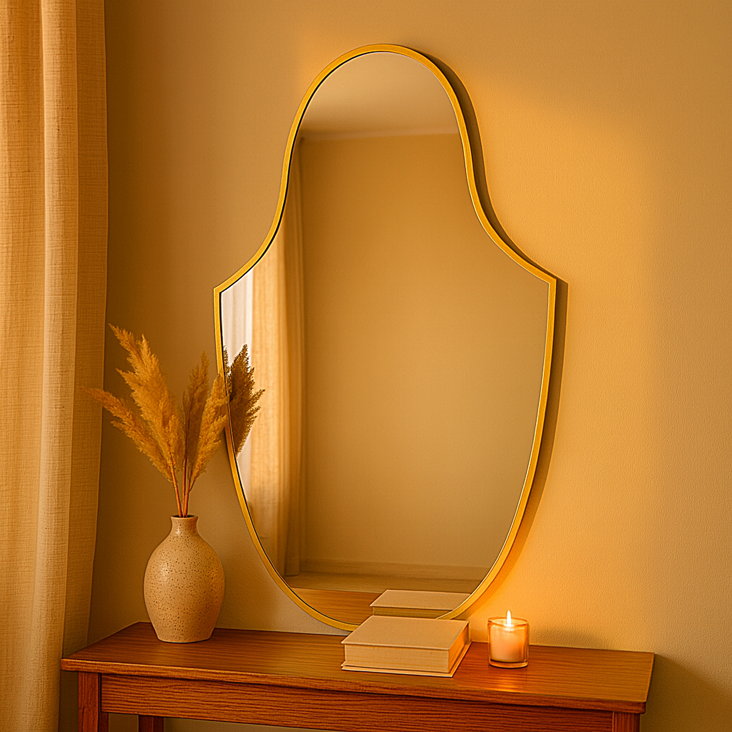 Altın Çerçeveli Dekoratif Duvar Aynası – Modern Oval Salon Aynası Tasarımı