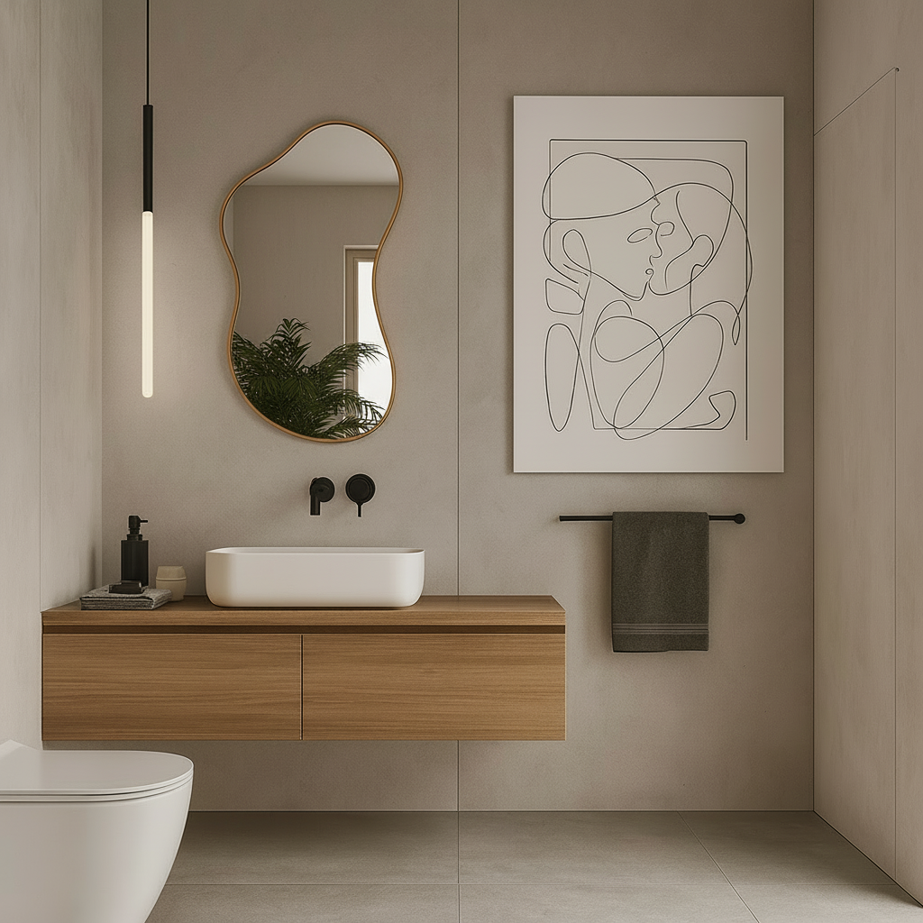 Modern Organik Şekilli Dekoratif Banyo Aynası – Çerçeveli Düzensiz Tasarım Ayna | Minimalist & Japandi Duvar Aynası