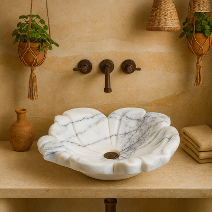 White Marble Lavabo – Doğal Panda White Mermer Tezgâh Üstü Banyo Lavabosu (L 57 × W 50 × H 14 cm)