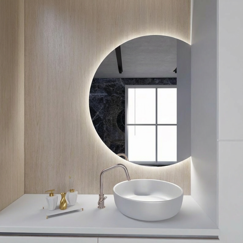 Yarım Ay LED Ayna – Modern Arkadan Aydınlatmalı Banyo Aynası, Minimalist Işıklı Ayna Tasarımı