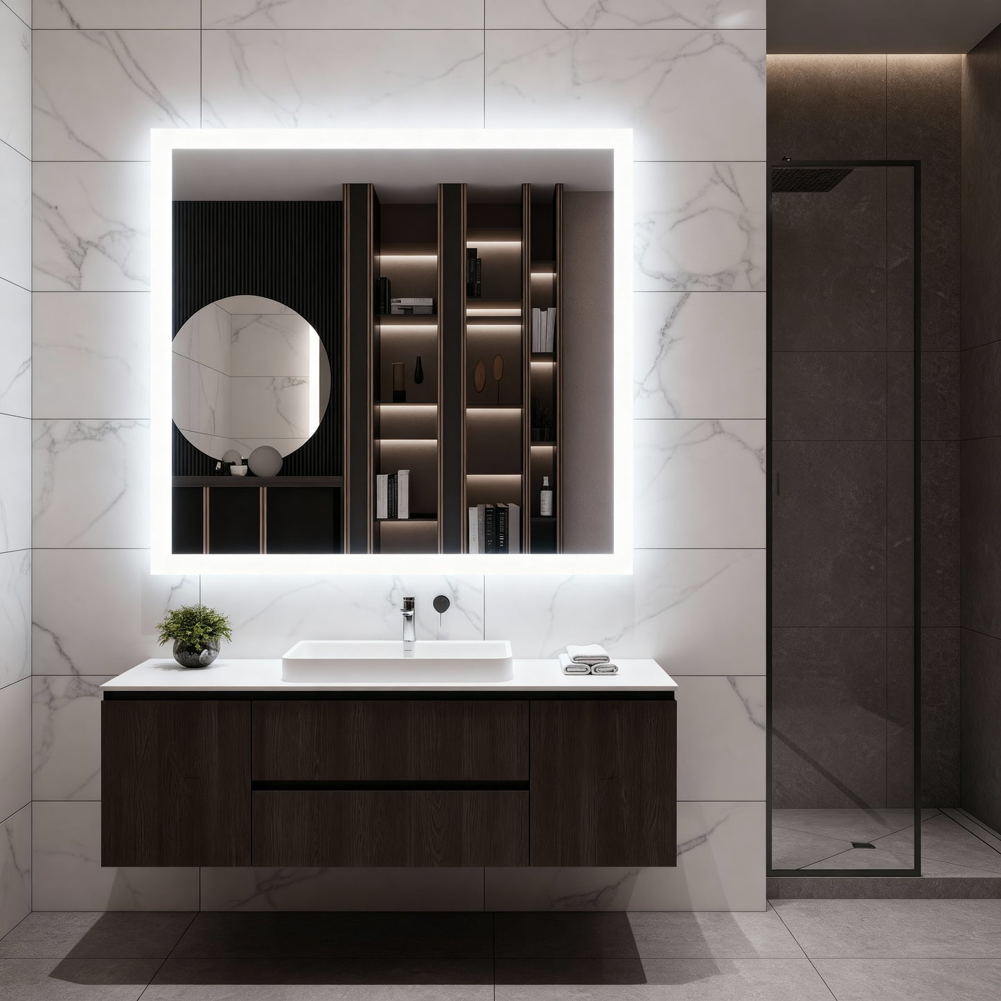 Modern Kare LED Aydınlatmalı Banyo Aynası – Sıcak Işıklı Arka Aydınlatmalı Tasarım