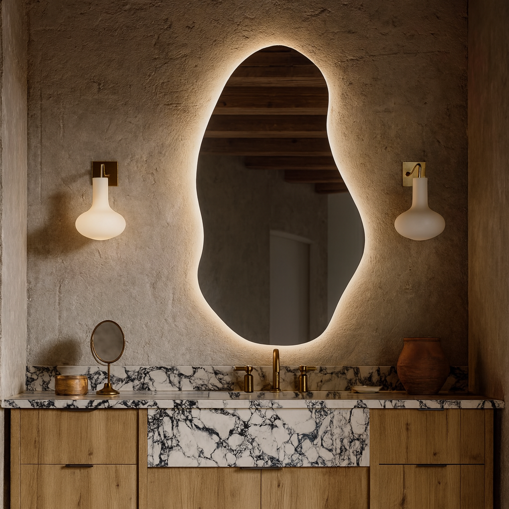 Asimetrik LED Banyo Aynası – Modern Dekoratif Işıklı Ayna, Organik Tasarım Arkadan Aydınlatmalı Ayna