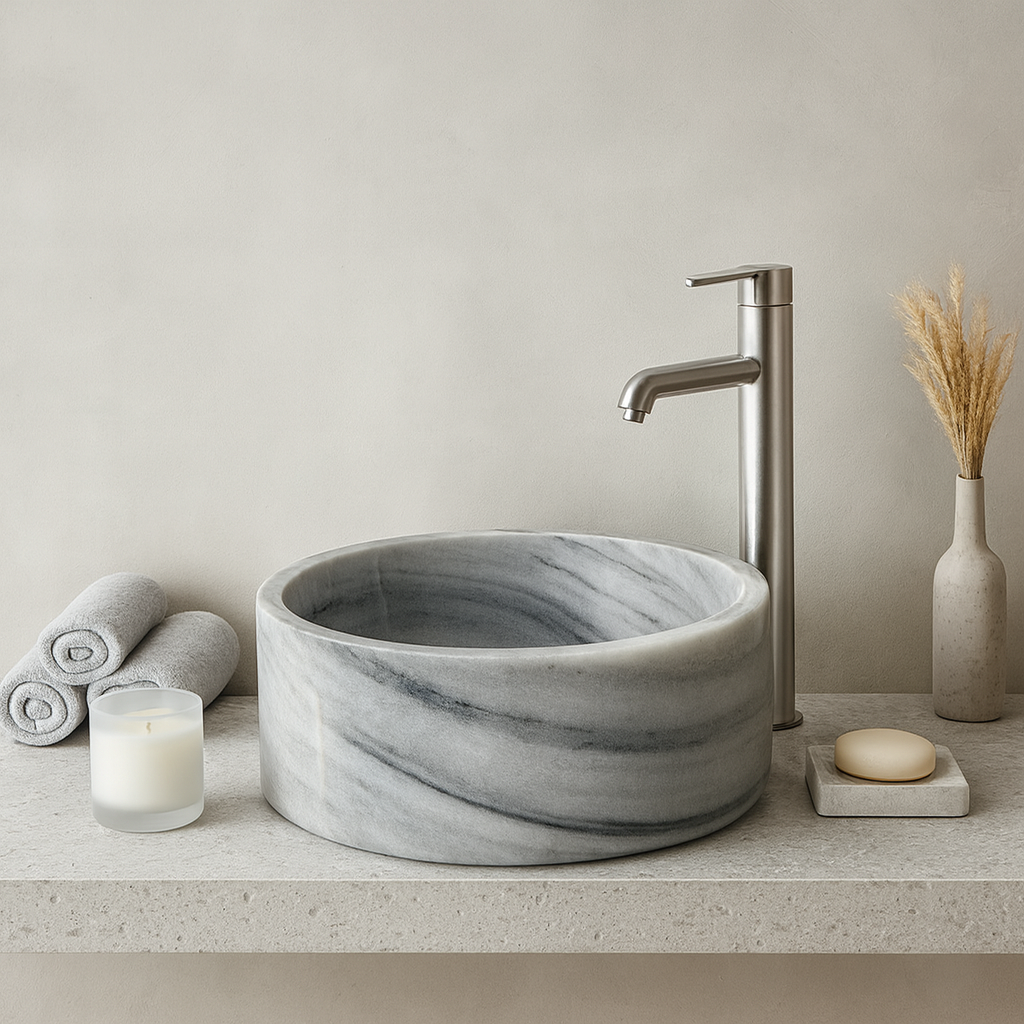 Grey Marmara Mermeri Yuvarlak Lavabo – El İşçiliği Doğal Taş Banyo Lavabosu (42×42×15 cm)