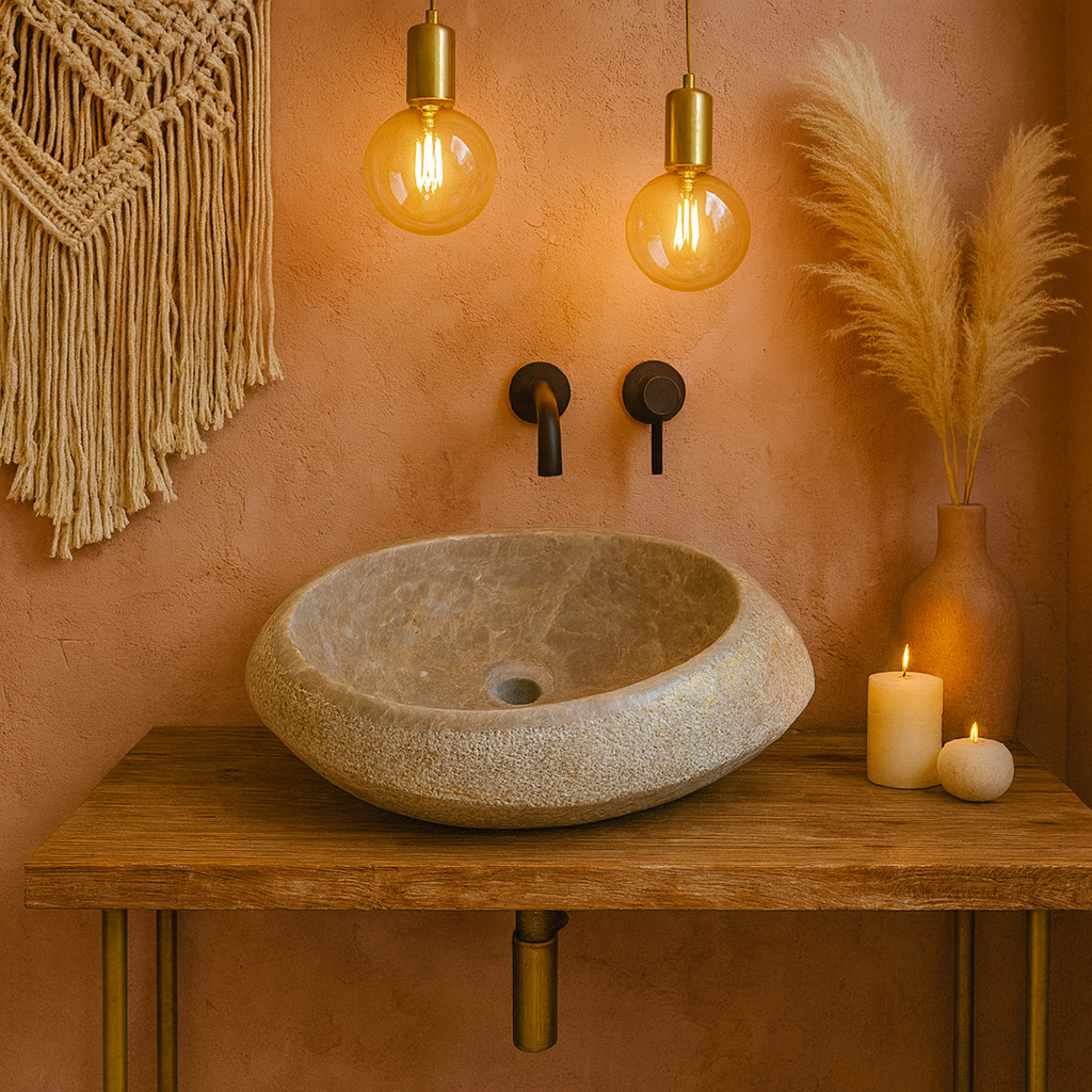 Lüks Doğal Mermer Lavabo – Rustik Dış Yüzeyli El Oyması Banyo Lavabosu