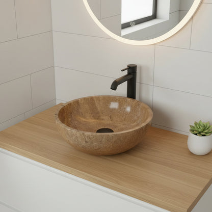 Noce Brown Traverten Doğal Taş Lavabo – El Yapımı Rustic Yuvarlak Mermer Banyo Lavabosu