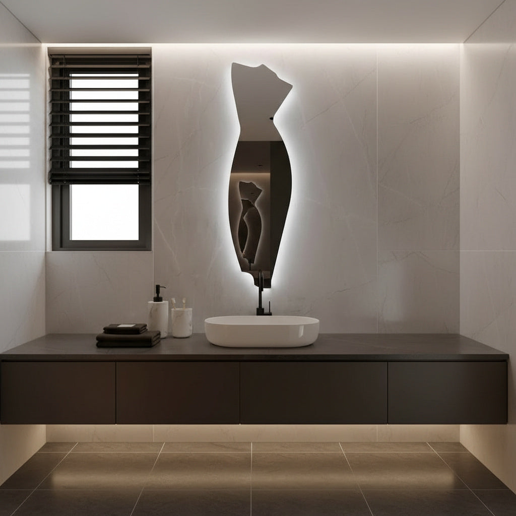 Asimetrik LED Ayna | Modern Dekoratif Banyo Aynası | Tasarım Organik Form LED Işıklı Ayna