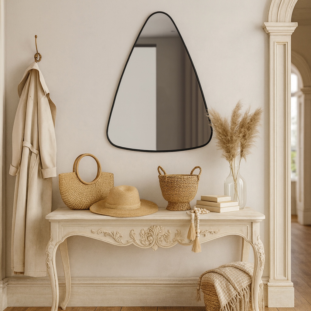 Modern Asimetrik Duvar Aynası – Siyah Çerçeveli Dekoratif Banyo ve Salon Aynası