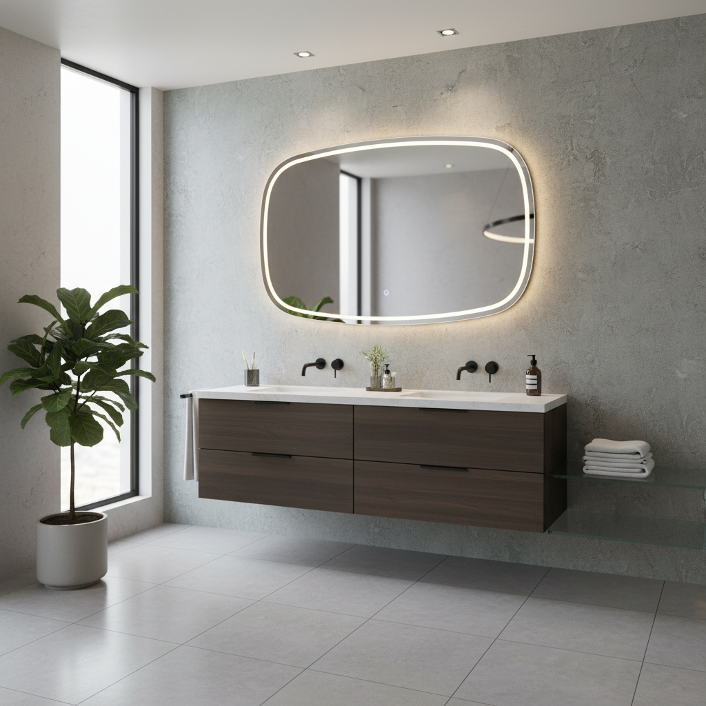 Modern LED Aydınlatmalı Organik Duvar Aynası – Asimetrik Tasarım Banyo ve Salon Dekor Aynası