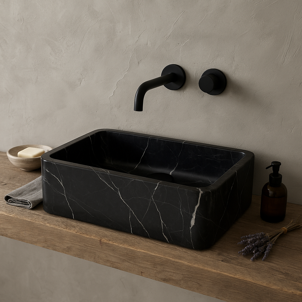 Toros Siyah Mermer Lavabo – Dikdörtgen El Yapımı Banyo Lavabosu (55×35×14 cm)
