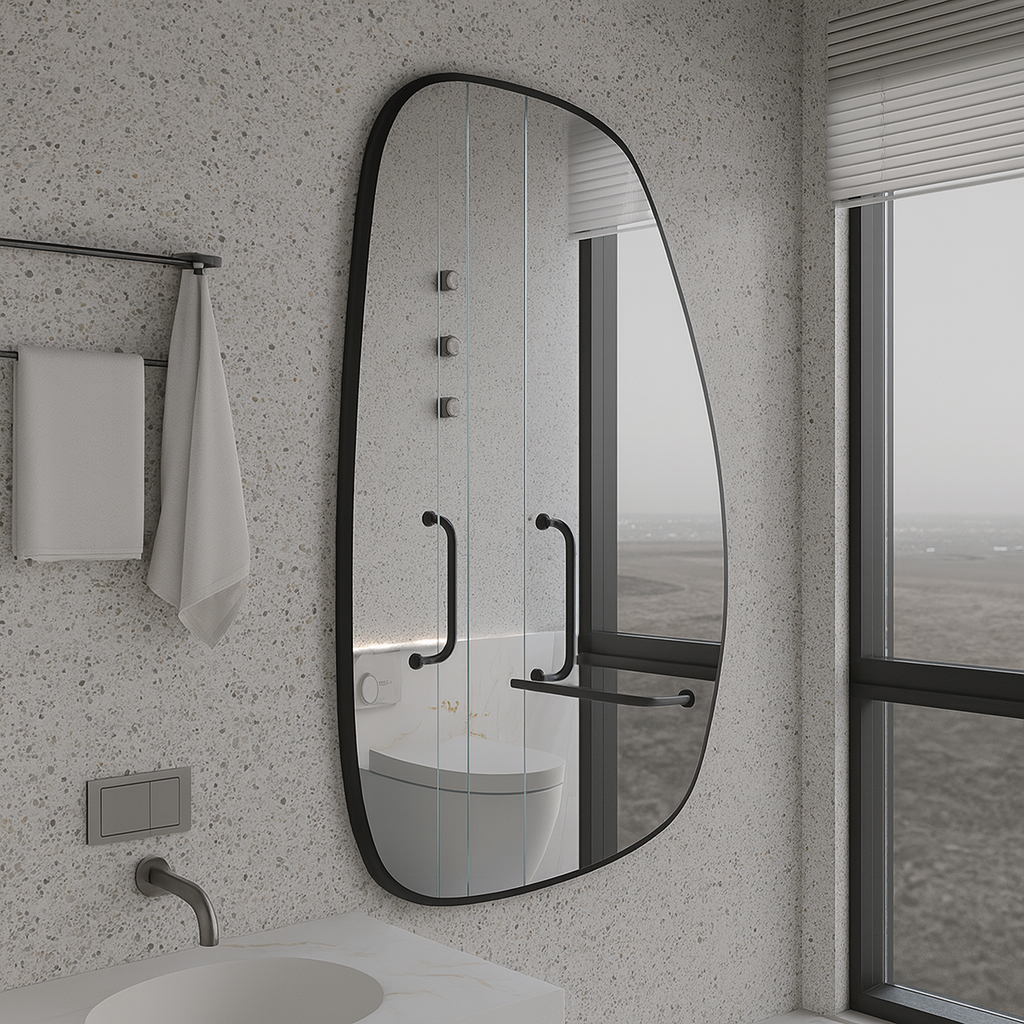 Modern Organik Form Banyo Aynası – Çerçeveli Asimetrik Duvar Aynası | Minimalist Şık Dekor Ayna