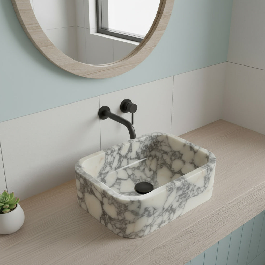 Calacatta Viola Mermer Duvara Monte Dikdörtgen Banyo Lavabosu – 30 × 46 × 15 cm