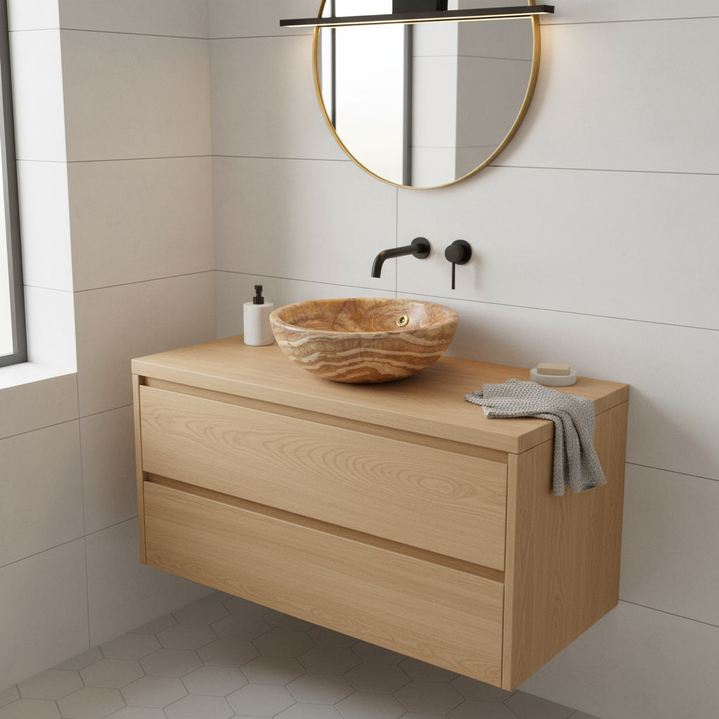 Turuncu Oniks Mermer Lavabo – El Oyması Doğal Taş Banyo Lavabosu, Yuvarlak Oniks Tezgâh Üstü Lavabo