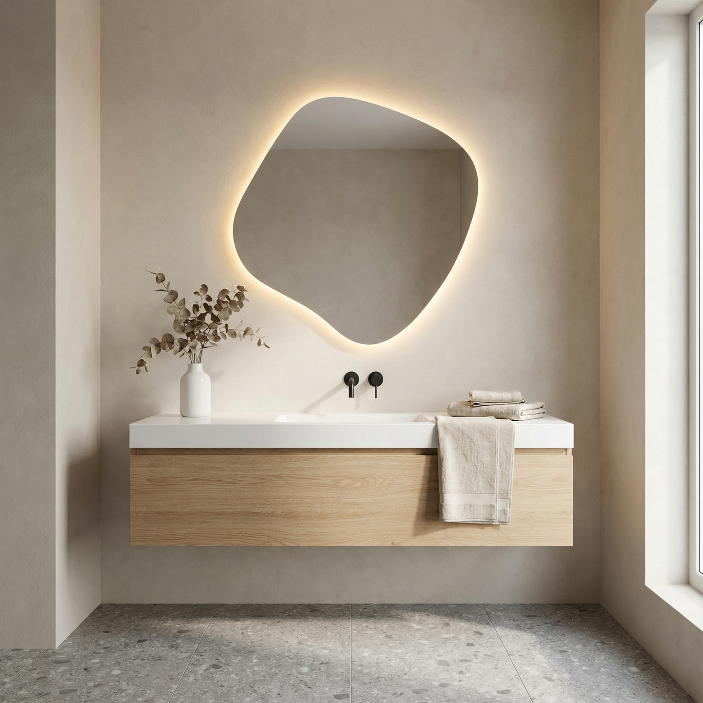 Modern Asimetrik LED Ayna – Organik Şekilli Işıklı Duvar Aynası, Banyo & Makyaj Aynası, Dekoratif LED Aydınlatmalı Ayna