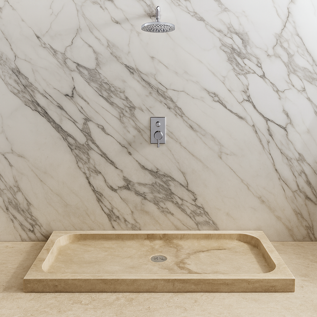 Troia Light Traverten Dikdörtgen – Doğal Taş Traverten Banyo Duş Tabanı (161×88×8 cm)