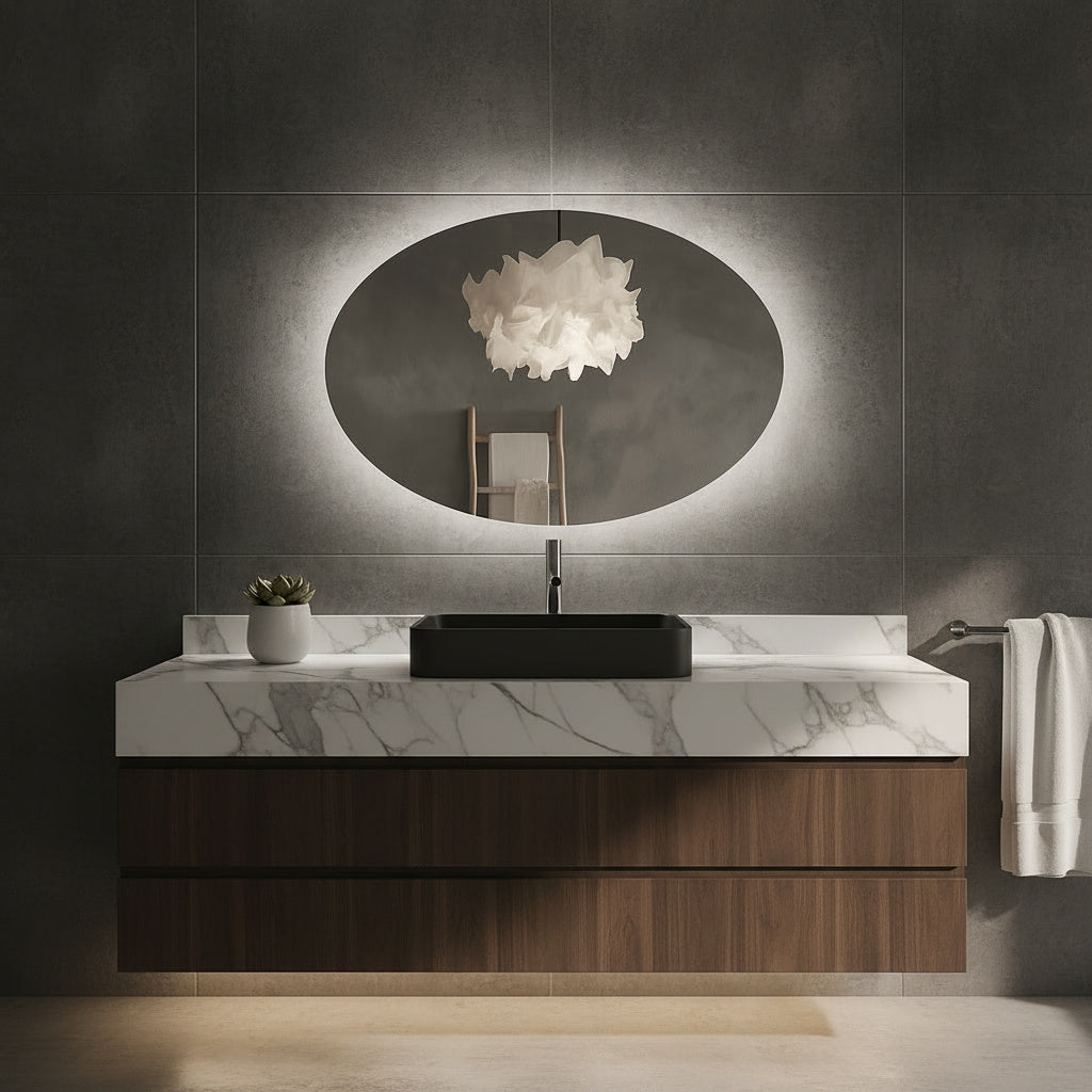 Modern Oval LED Ayna – Işıklı Dekoratif Banyo Aynası | Şık Duvar Aksesuarı