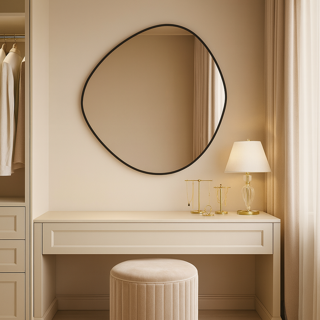 Modern Organik Form Banyo Aynası – Çerçeveli Asimetrik Ayna, Tasarım Duvar Aynası, Mermer Banyo İçin Şık Dekoratif Ayna