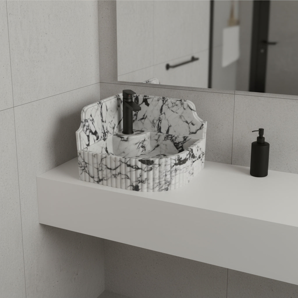 Calacatta Viola Mermer Duvar Tipi Köşe Lavabo – El Yapımı Lüks Köşe Mermeri Lavabo (41×41×20 cm)