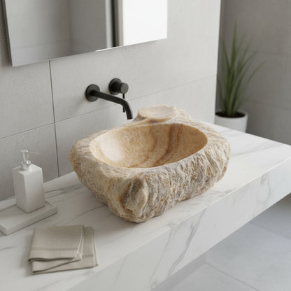 Honey Onyx Marble Lavabo – Doğal Honey Onyx Mermer Tezgâh Üstü Banyo Lavabosu (L 55 × W 45 × H 14 cm)