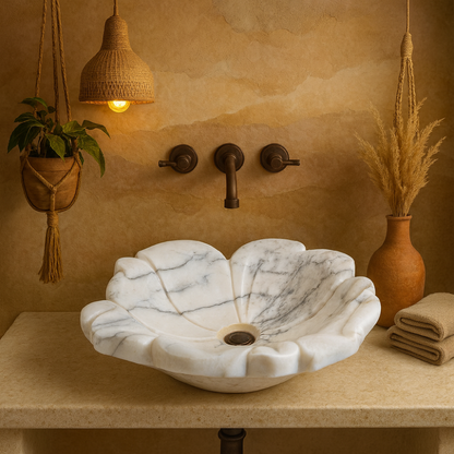 White Marble Lavabo – Doğal Panda White Mermer Tezgâh Üstü Banyo Lavabosu (L 57 × W 50 × H 14 cm)