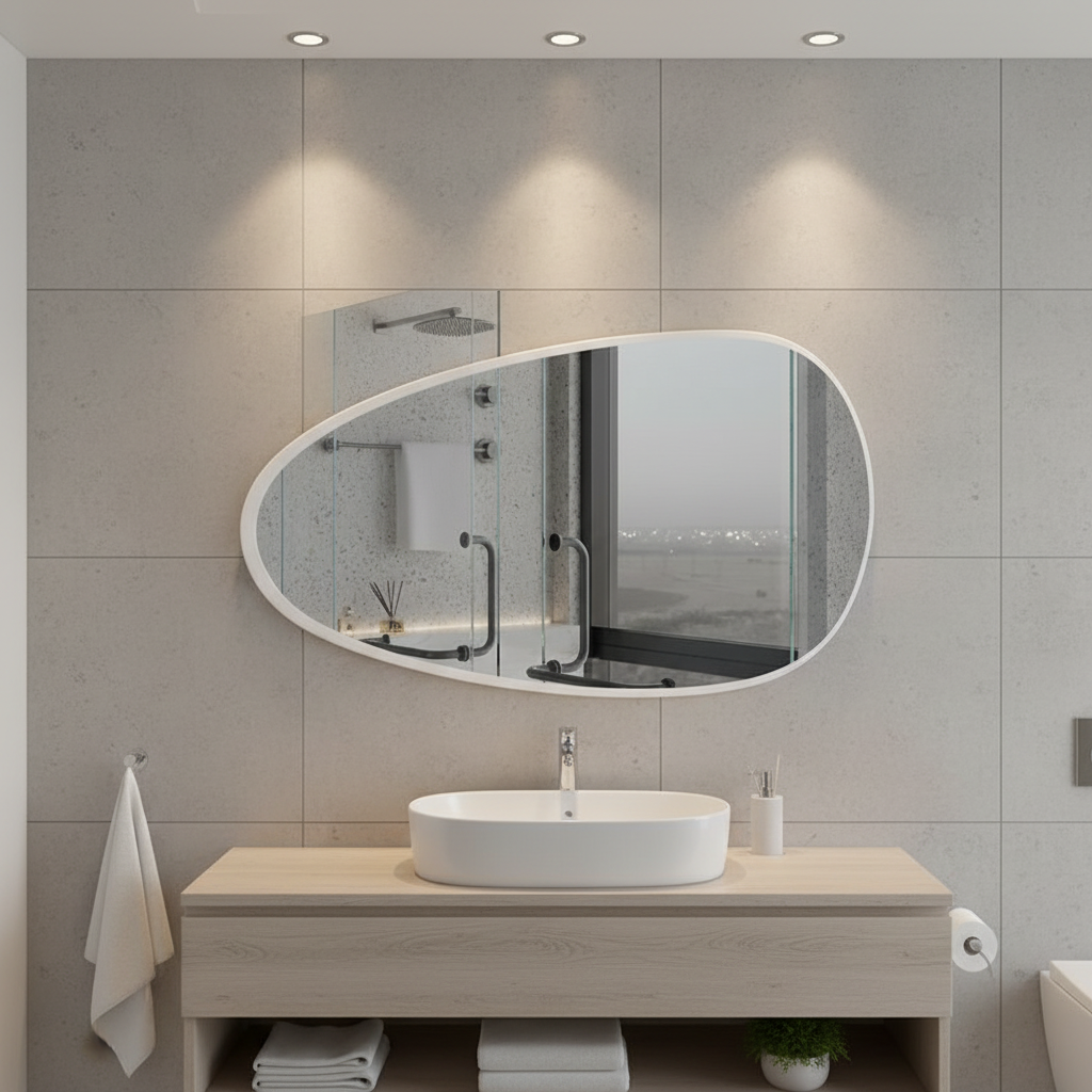 Modern Organik Şekilli Ayna – Çerçeveli Asimetrik Duvar Aynası Banyo ve Salon Dekorasyon