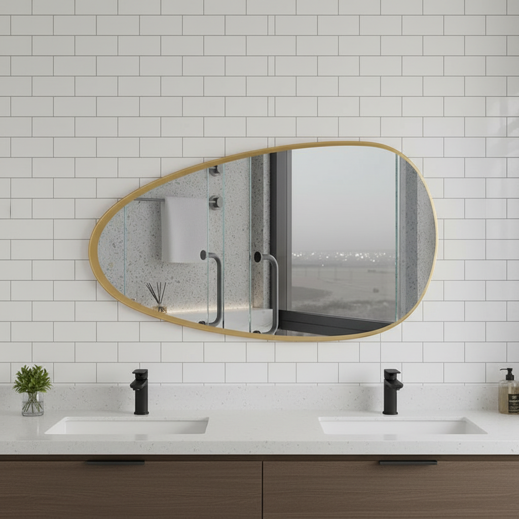 Modern Organik Şekilli Ayna – Çerçeveli Asimetrik Duvar Aynası Banyo ve Salon Dekorasyon