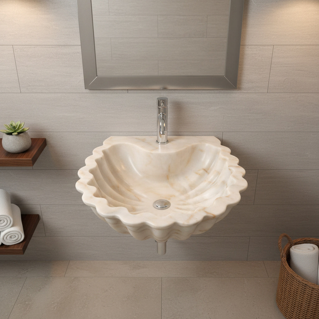 Carrara Mermer Kabuk Formu Banyo Lavabo – El Oyma Doğal Mermer Şelale Lavabo