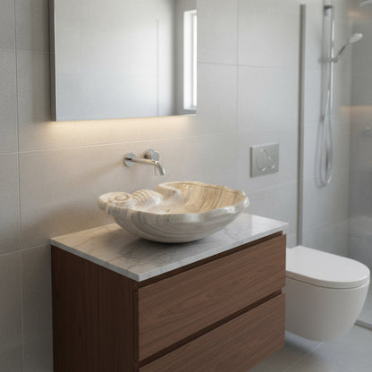 Lüks Doğal Taş Mermer Lavabo – Özel Tasarım Deniz Kabuğu Modeli