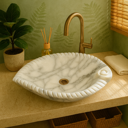 White Marble Lavabo – Doğal White Marble Tezgâh Üstü Banyo Lavabosu (L 45 × W 55 × H 14 cm)