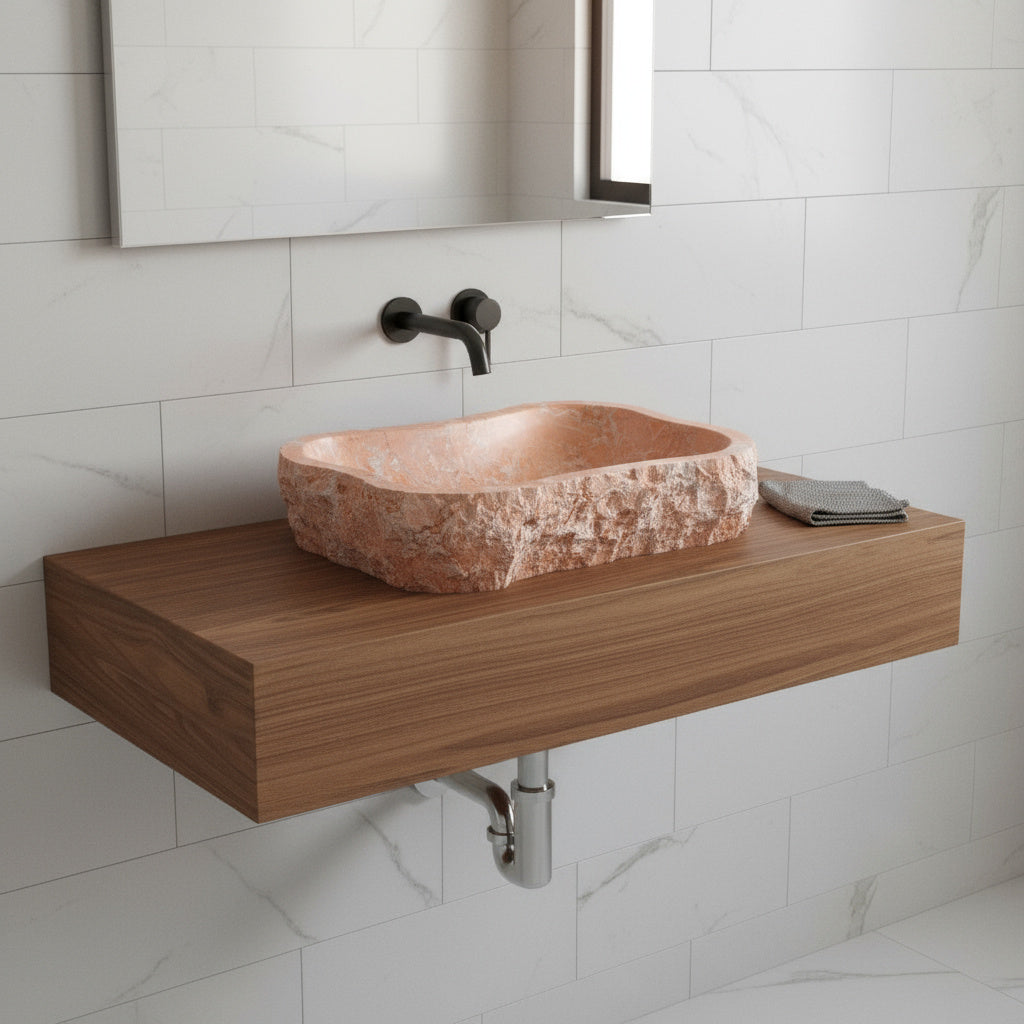 Rosa Marble Lavabo – Doğal Rosa Mermer Tezgâh Üstü Banyo Lavabosu (L 55 × W 40 × H 14 cm)