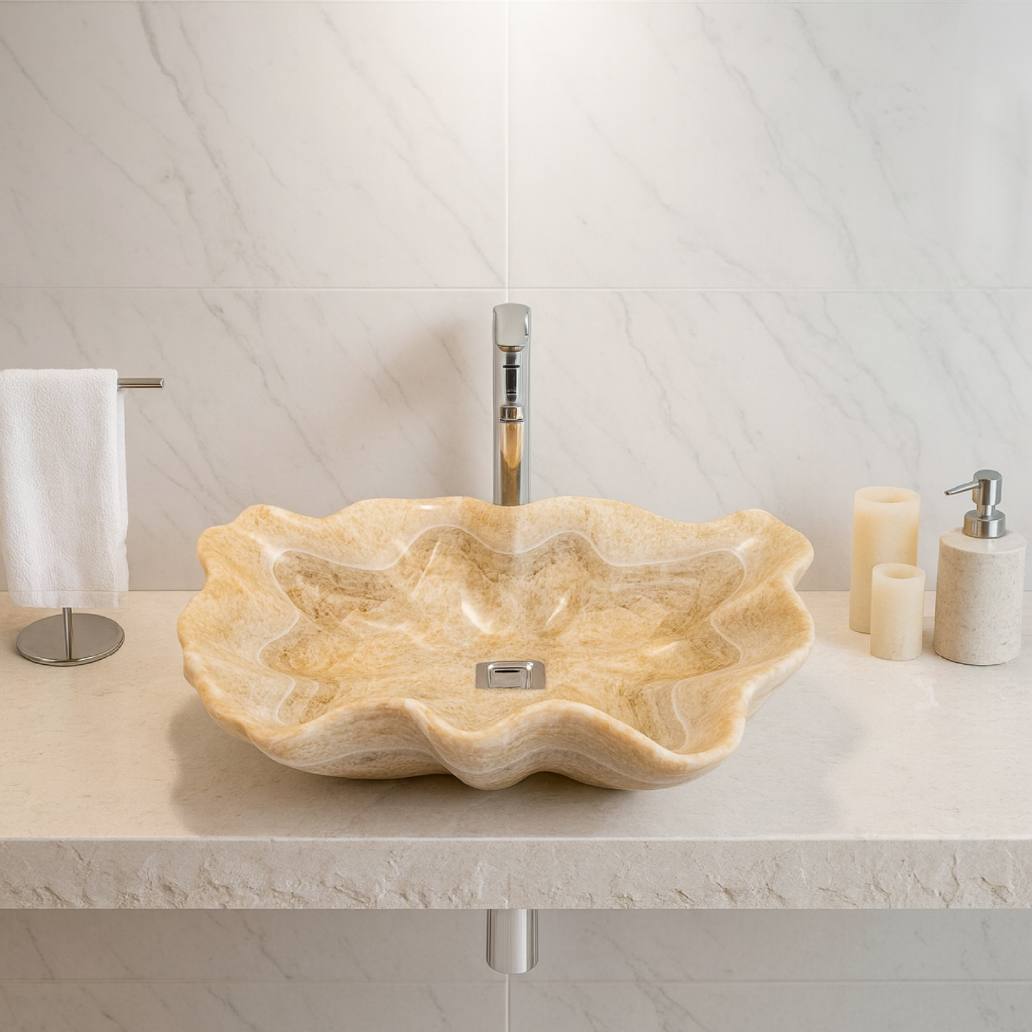 Honey Onyx Marble Lavabo – Doğal Honey Onyx Mermer Tezgâh Üstü Banyo Lavabosu (L 65 × W 45 × H 16 cm)