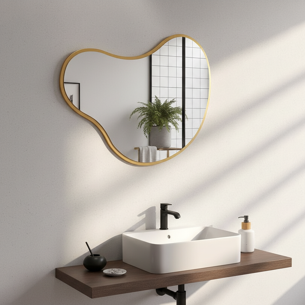 Modern Organik Asimetrik Ayna – Çerçeveli Dekoratif Duvar ve Banyo Aynası | Minimal Tasarım Ayna