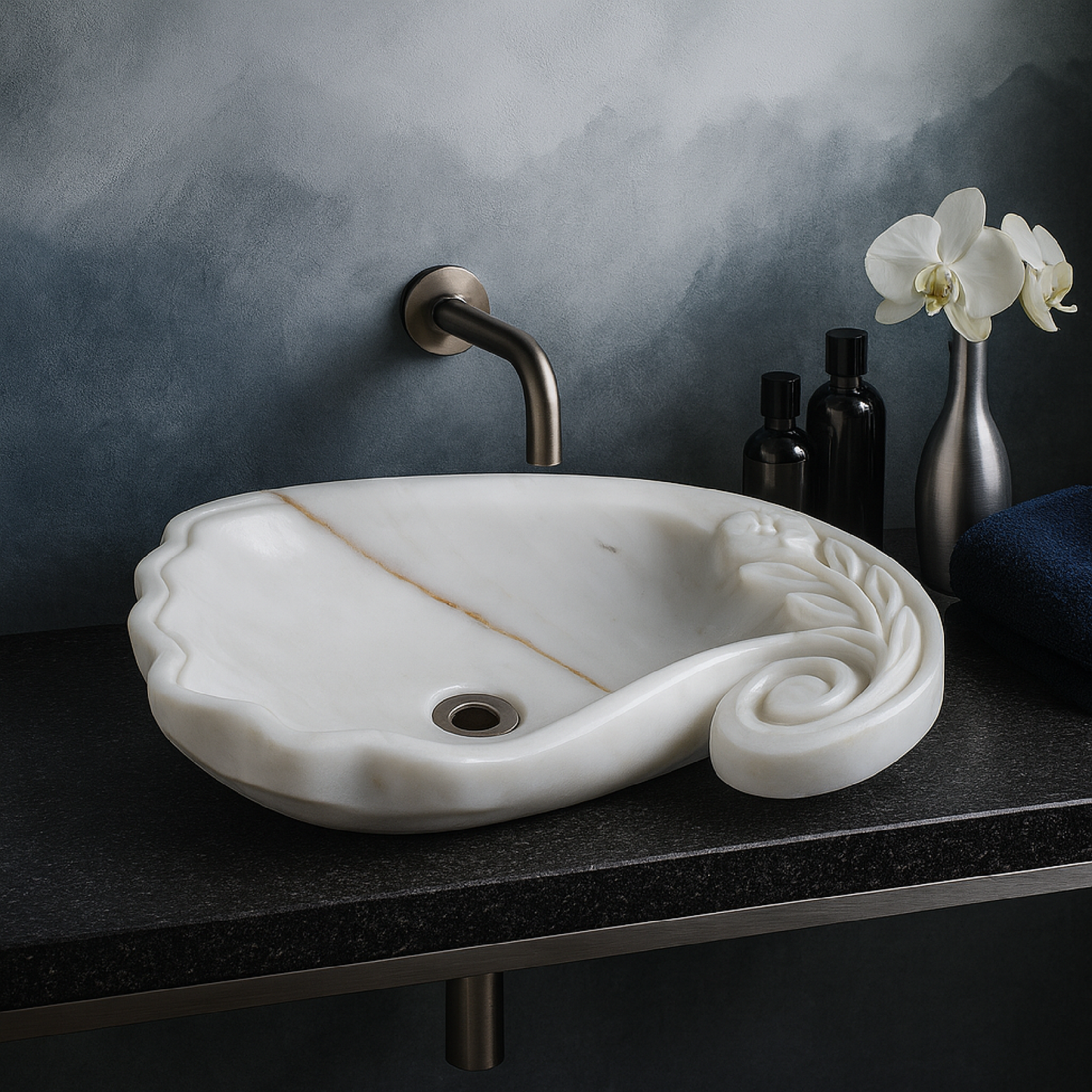 White Marble Lavabo – Doğal Beyaz Mermer Tezgâh Üstü Banyo Lavabosu (L 60 × W 40 × H 15 cm)