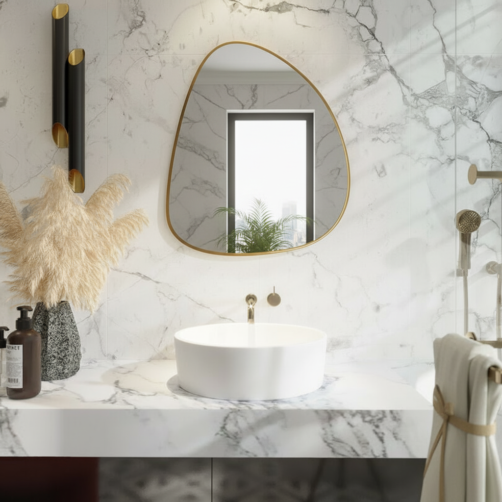 Modern Asimetrik Banyo Aynası – Çerçeveli Organik Form Dekoratif Duvar Aynası