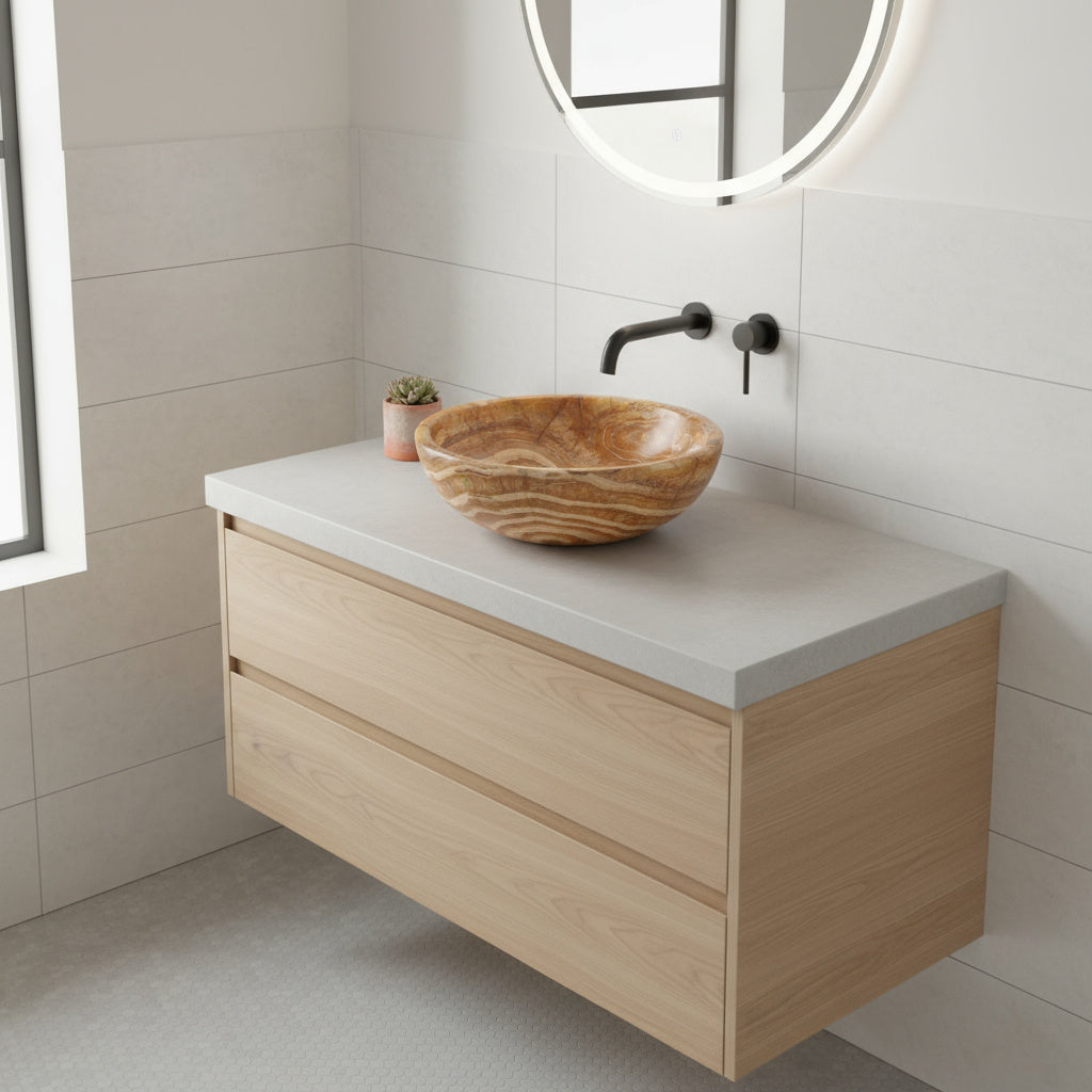 Turuncu Oniks Mermer Lavabo – El Oyması Doğal Taş Banyo Lavabosu, Yuvarlak Oniks Tezgâh Üstü Lavabo