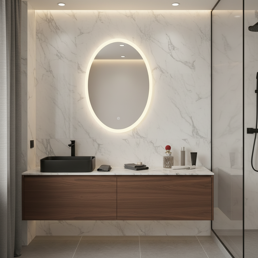 Minimal Oval LED Ayna – Modern Işıklı Dekoratif Duvar Ayna