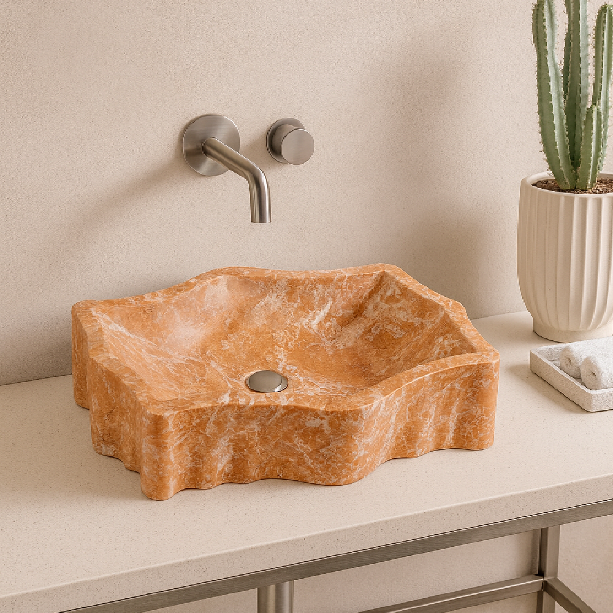 Rosso Verona Turuncu Mermer Lavabo – El Yapımı Doğal Taş Banyo Lavabosu, Lüks Tezgâh Üstü Mermer Lavabo (55×42×14 cm)