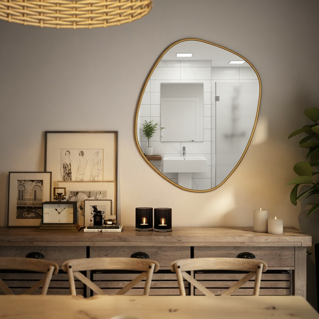 Modern Asimetrik Duvar Aynası – Organik Şekilli Çerçeveli Banyo ve Salon Dekoratif Ayna