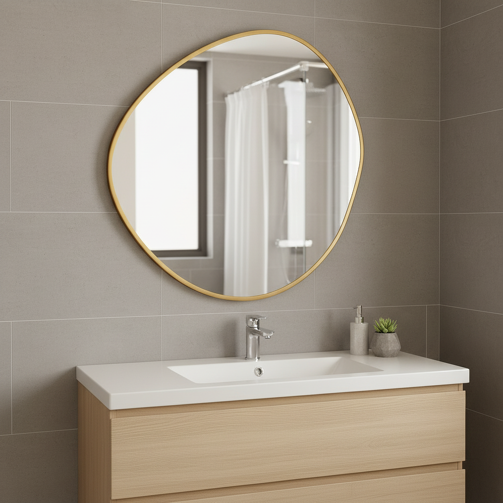 Modern Organik Form Banyo Aynası – Çerçeveli Asimetrik Ayna, Tasarım Duvar Aynası, Mermer Banyo İçin Şık Dekoratif Ayna