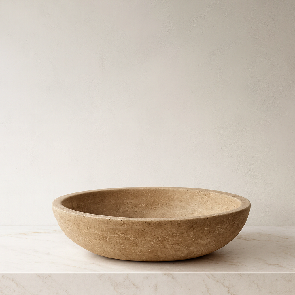 Mocha Traverten Mermer Oval Lavabo – Doğal Taş Banyo Lavabosu (37×50×14 cm)