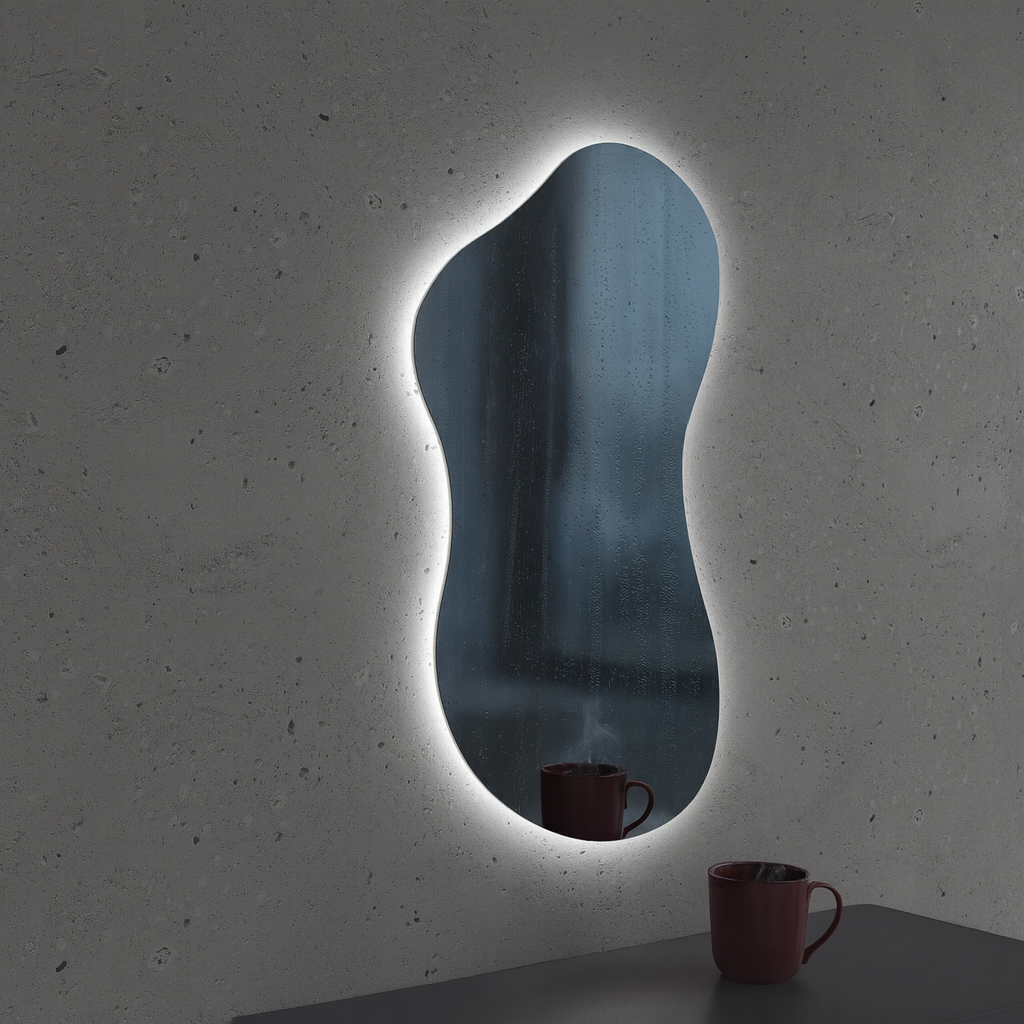 Asimetrik LED Ayna | Modern Dekoratif Duvar ve Banyo Aynası | Organik Form Işıklı Ayna Tasarımı