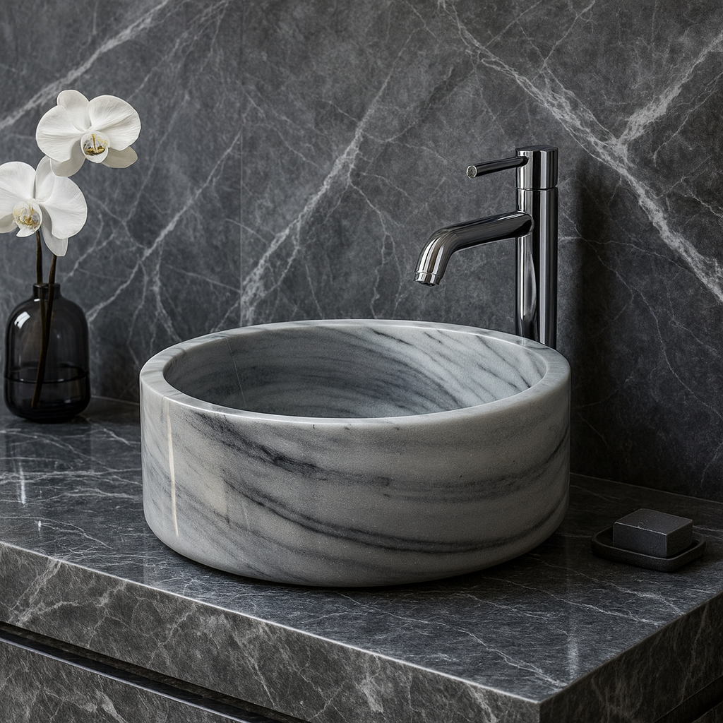 Grey Marmara Mermeri Yuvarlak Lavabo – El İşçiliği Doğal Taş Banyo Lavabosu (42×42×15 cm)