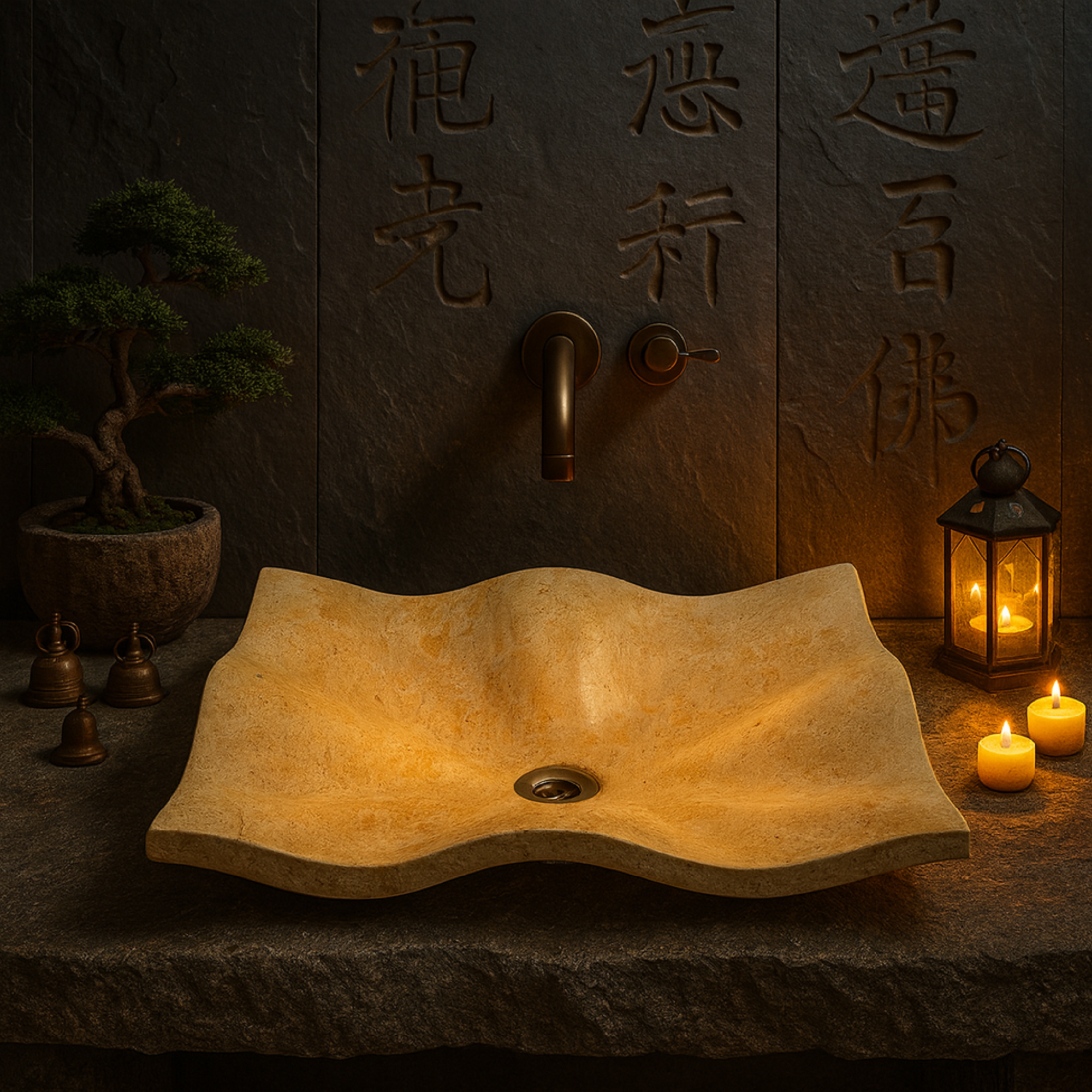 Limra Mermeri Doğaltaş Lavabo – El Oyması Dalga Formlu Mermer Banyo Lavabosu (60×45×13 cm)