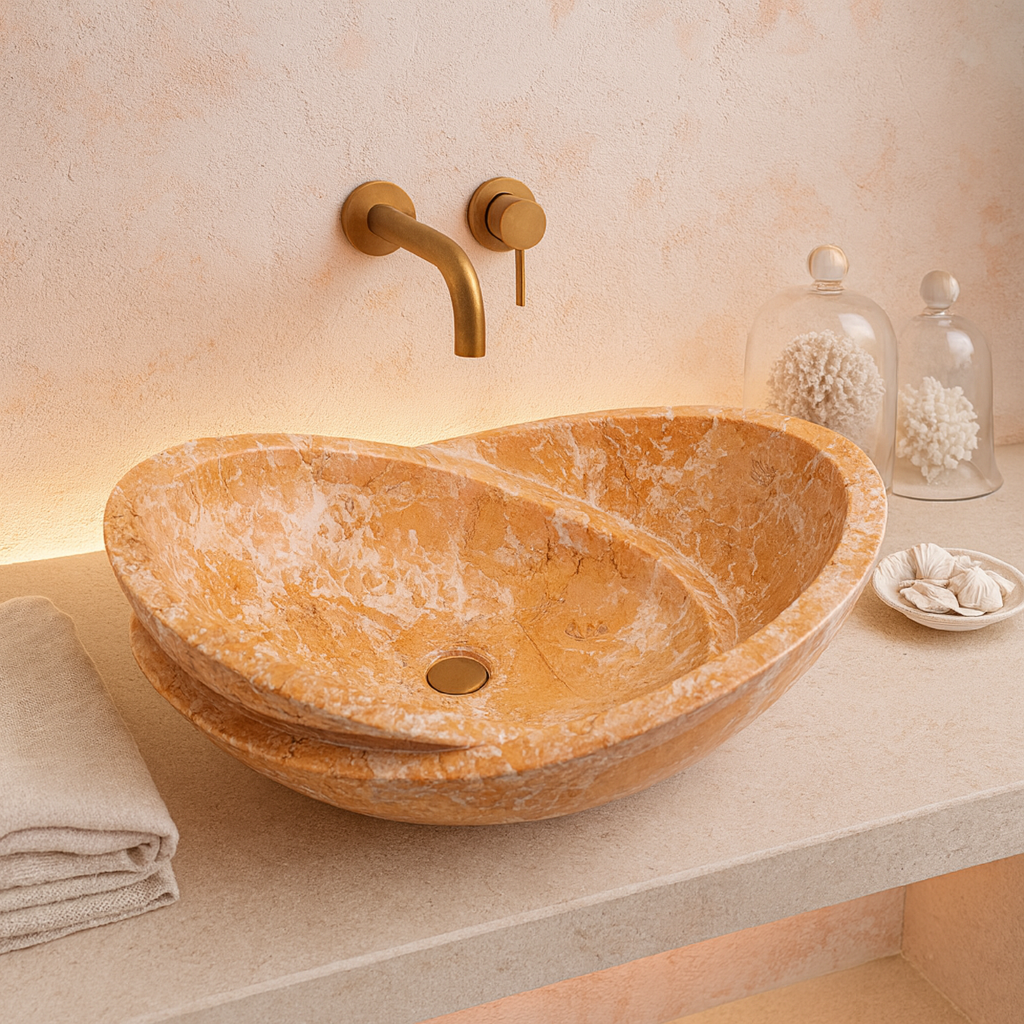 Rosso Verona Turuncu Mermer Lavabo – El Yapımı Doğal Taş Tezgâh Üstü Lavabo, Oval Lüks Mermer Banyo Lavabosu (40×55×14 cm)
